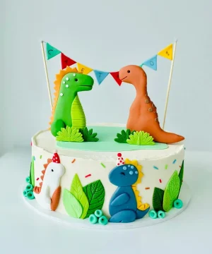 Bolo decorado de dinossauro para festa infantil feito pela Alegra Cakes em Florianópolis